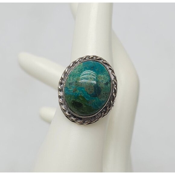 Vintage Navajo Sterling Silver Azurite Ring Size 7.5 With Rope-Edge Design - Picture 1 of 6
